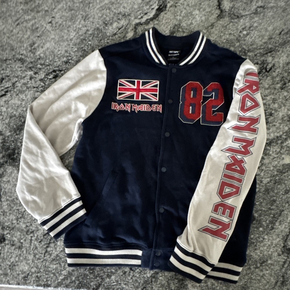 Hot Topic Jacket Mens Large Blue Iron Maiden Number Of The Beast Varsity Graphic